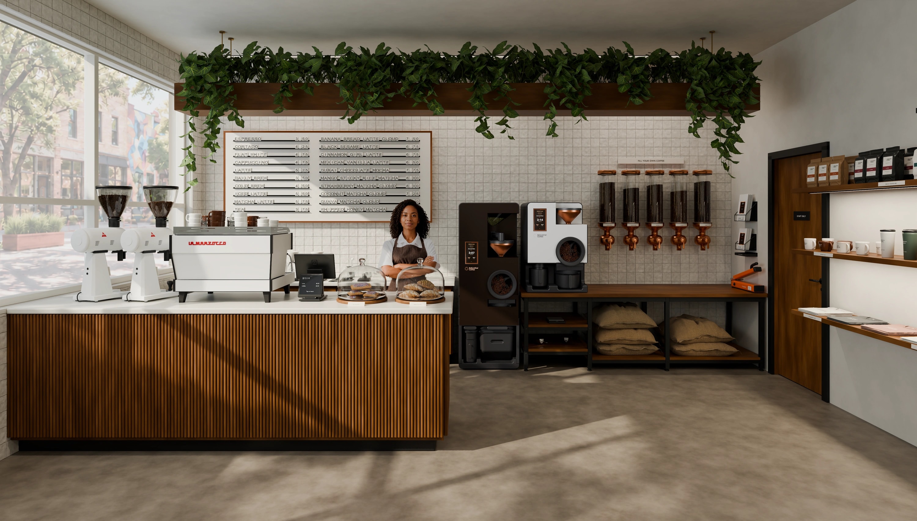 Deep Bronze and Classic White Shop Roasters beside an espresso bar in a café