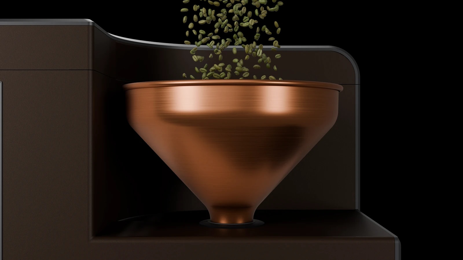 Green coffee being poured into the Shop Roaster’s copper hopper