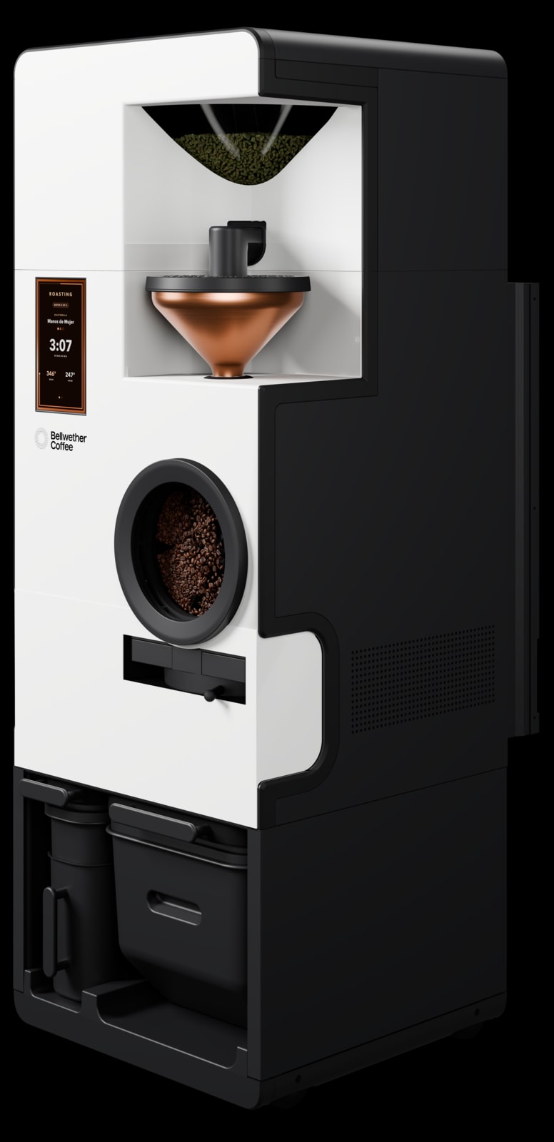 Right three-quarter view of the Classic White Shop Roaster with continuous roasting autoloader and base