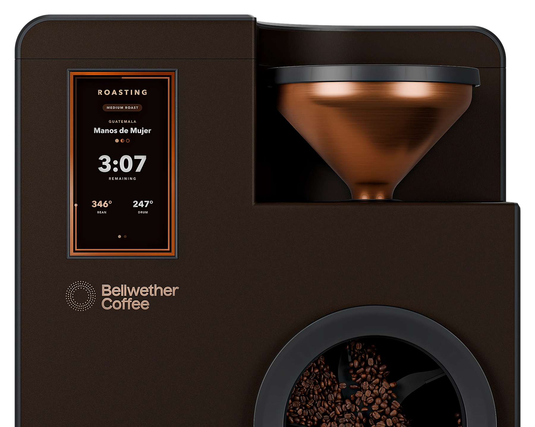 Upper body of the all-new Deep Bronze Shop Roaster, with its touchscreen, copper hopper and drum window in view